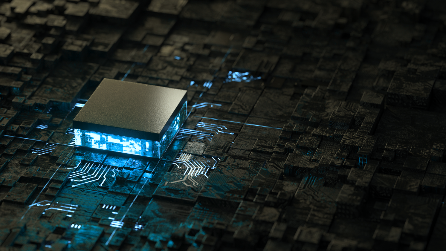 关键词：智慧楼宇，核心科技，深圳市武智科技;描述：深圳市武智科技智慧楼宇解决方案中的核心科技元素，芯片与电路呈现的科技感画面