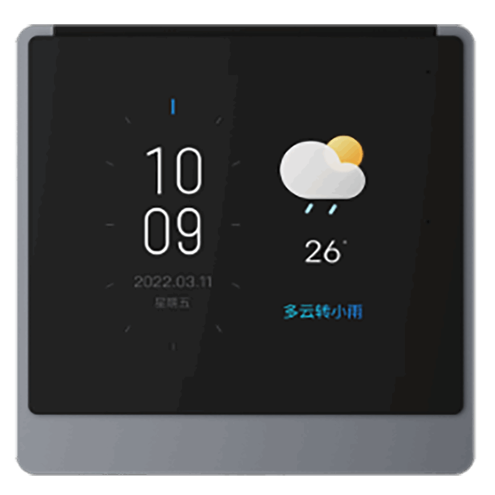 关键词:智能语音中控面板4寸;描述:1.支持语音唤醒、自定义唤醒词、语音识别全开模式、投影模式、上下班模式等
								2.控制房间内单个或批量场景模式、灯光（开关、亮度、色彩）、空调（开关、温度、模式、风速）、窗帘（开、关、停）