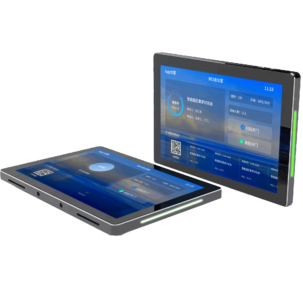 关键词:会议室预约屏横;描述:1.会议预约信息显示，包含会议室名称、容纳人数、面积、会议主题、预约人、参会时间、近期会议预定信息等。
								2.支持IC卡刷卡、人脸识别、二维码联动门禁。
								3.支持根据会议室状态LED灯带变色。