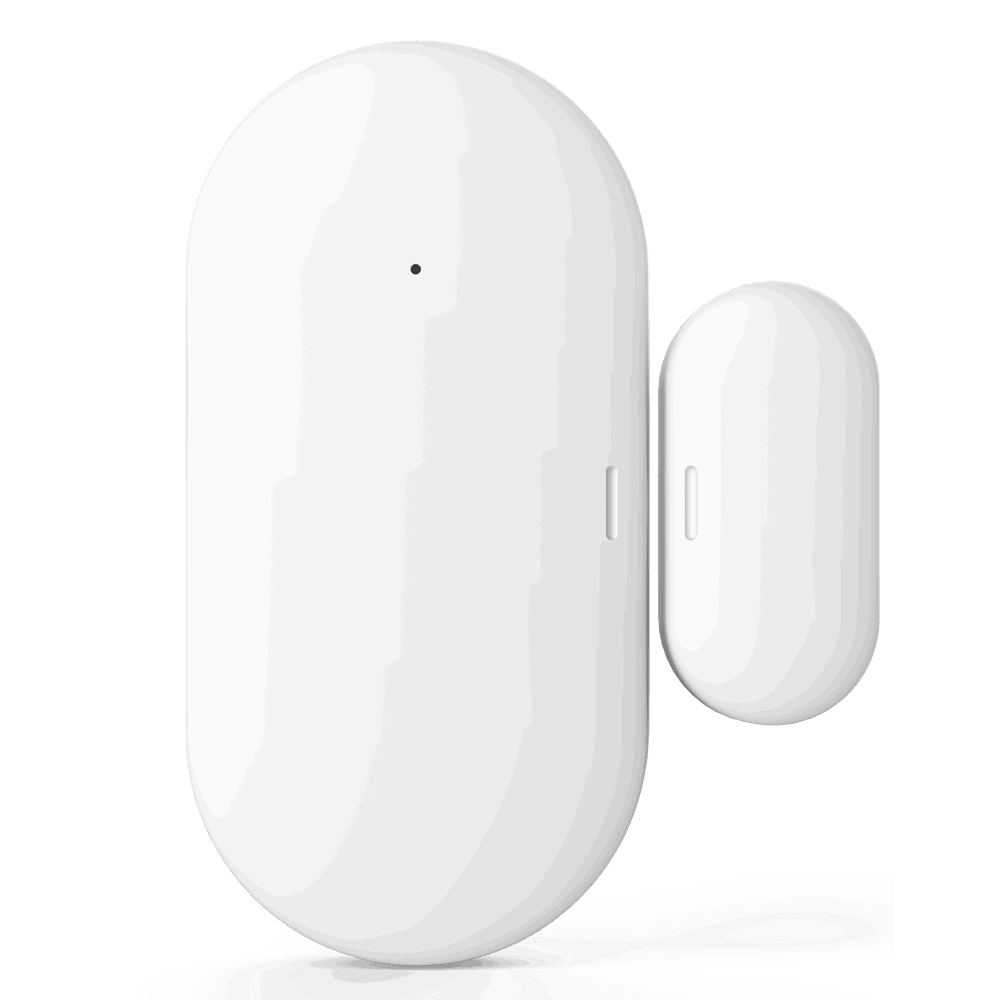 关键词:门磁感应器;描述:门窗开关传感器能及时感知门、窗、电器和家具柜门、抽屉等物体的开/关，当磁体与主体分开一定距离（2cm 左右）时，它能及时通过无线信号通知网关以实现报警及其它智能场景。