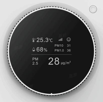关键词:空气质量传感器;描述:1. 温湿度检测功能                 
								2. CO2检测功能                  
								3. PM2.5检测功能
								4. 照度检测功能
								5. 靠近亮屏近离息屏
								6. 无线连接功能
								工作原理
								本产品通过精密的传感器感知温湿度，C02,甲醛，PM2.5的变化，采用TFT屏显示，从而实现知晓空气各种参数。