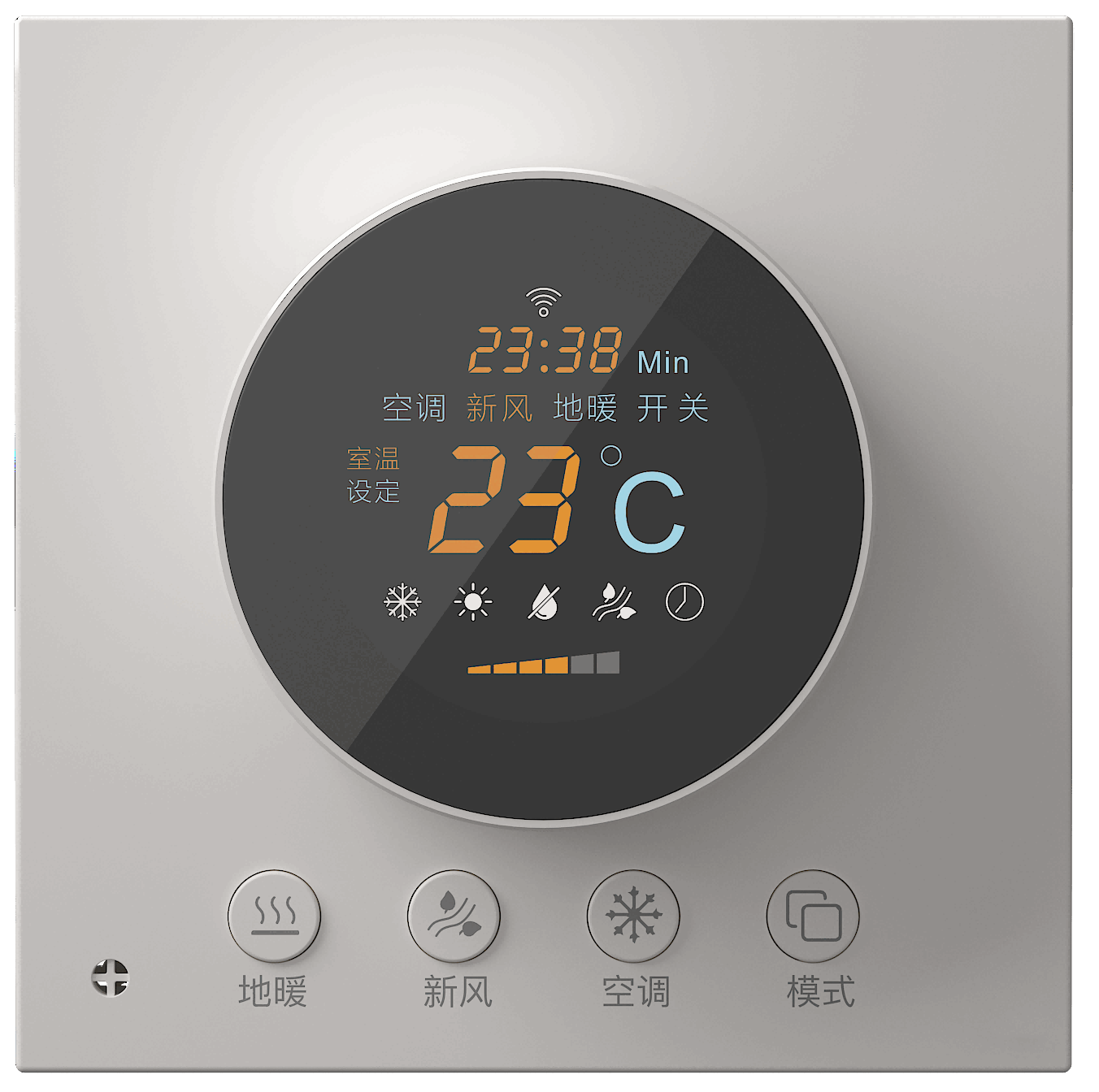 关键词:水冷机空调控制面板;描述:1.具备远程控制、开关控制、模式控制、温度控制、风速控制、风向控制等
								2.对空调、新风、地暖、除湿功能三合为一管控。