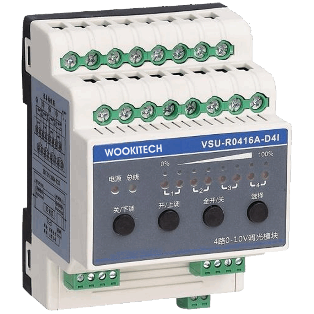 关键词:大功率照明控制器;描述:1.标准导轨式安装占4个模数位；
								2.提供4路16A继电器开关和4路0-10V调光信号；
								3.可设置各回路的开机初始值（继电器开关，调光亮度值）；
								4.具备多回路顺序延时启动功能，避免同时启动造成对电网的冲击；
								5.具有手动控制按钮，在网络故障时可手动控制回路的开关；
								6.继电器具备手拨开关，即使模块断电也可手动闭合继电器；
								7.执行场景命令后立即向监控中心返回各个回路的实际开关状态；
								8.具有本机及远程编程、测试功能；
								9.调光接口具有±2 kV的ESD保护功能，具有短路保护，过流保护；
								10.调光精度有3600级，0%-100% 100级调光，可根据灯具类型设置相应的调光曲线，实现真正的线性调光； 
								11.支持在线刷新程序；