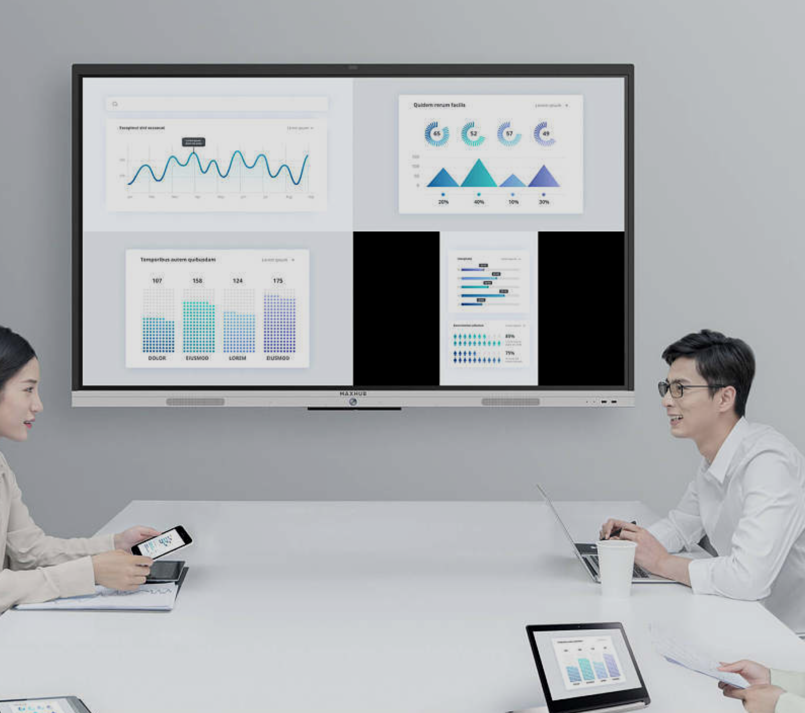 智慧会议室 武智科技 平板智能控制界面 会议全流程管理（时间 / 服务 / 门禁 / 议题） 智能办公终端;描述：武智科技智慧会议室的平板智能控制界面，集成会议剩余时间显示、服务请求、门禁控制、议题呼叫等功能，实现会议全流程智能化管理，是智慧办公核心终端之一。