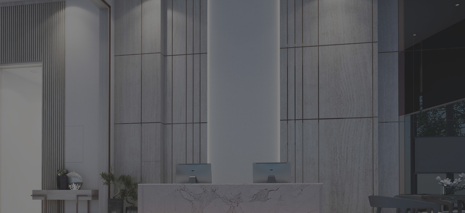 关键词：极简风智慧前台、办公通行核心区、智能接待空间、现代办公大堂
		描述：极简风格的智慧前台，以简洁线条与纯净色调打造办公通行核心区，作为智能接待与交互的空间载体，适配现代智慧办公大堂的高效与简约需求。