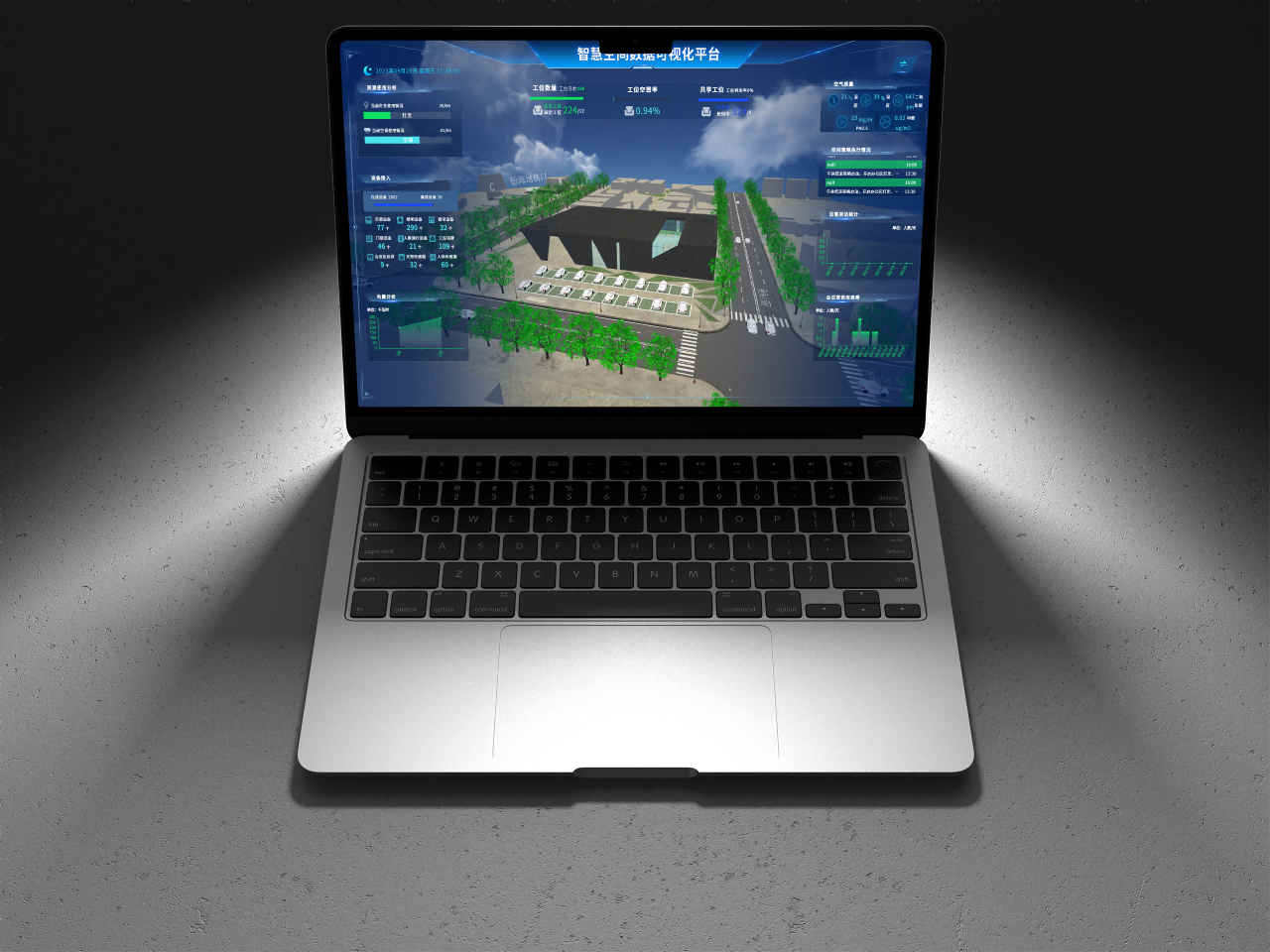 关键词：智慧空间数据可视化、低碳空间管控、数字化低碳场景、智能低碳监测
                  描述：笔记本呈现的智慧空间数据可视化平台，以三维场景融合低碳数据监测，实现空间低碳状态的直观展示与智能管控，助力绿色低碳空间的数字化运营。